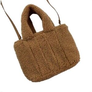 World Market Sherpa Fuzzy Tote Bag Tan Faux Shearling Top Handle Crossbody Teddy